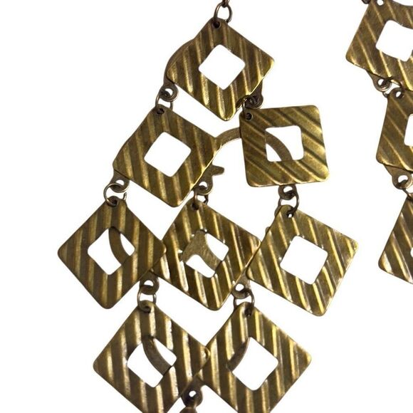 Bronze Geometric Square Hollow Chandelier Dangle Fashion Earrings Deco Boho 4.5" - Picture 2 of 5